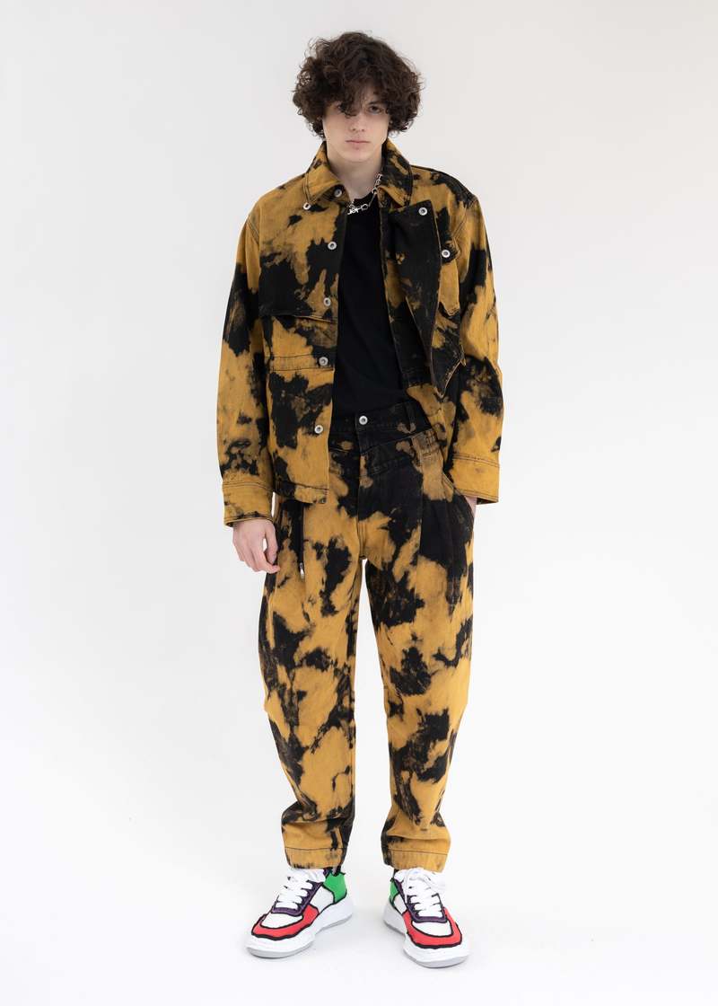 Feng Chen Wang Denim Tie Dye Double Waistband Jeans - Black/Yellow 