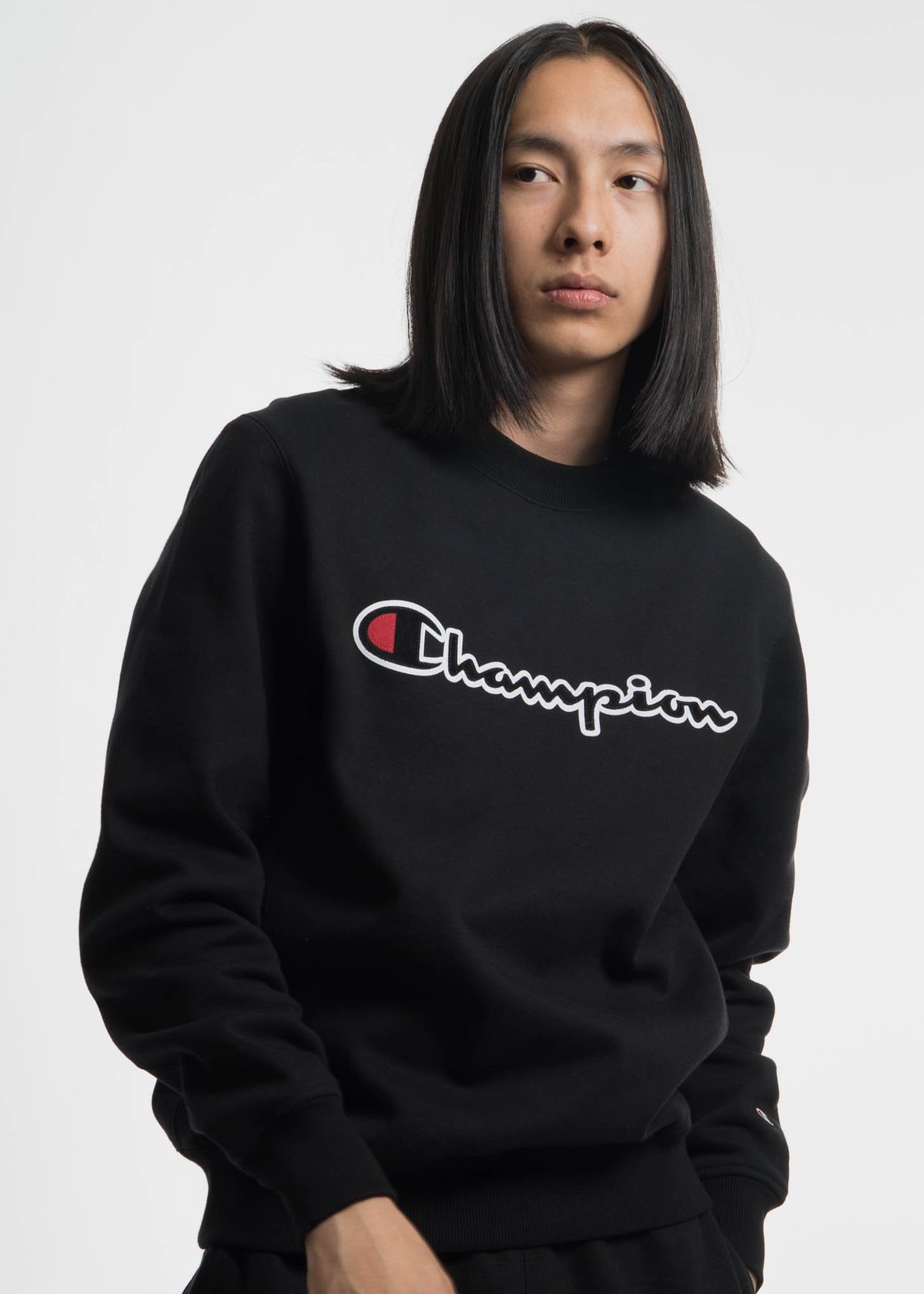 Champion Reverse Weave Black Sweatshirt with Script Applique - Image 1 of 5