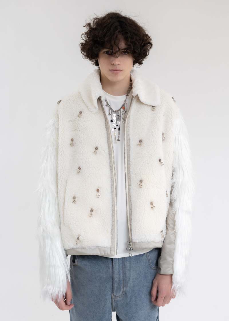 Feng Chen Wang Faux Fur Metal Embellishment Fleece Jacket - White