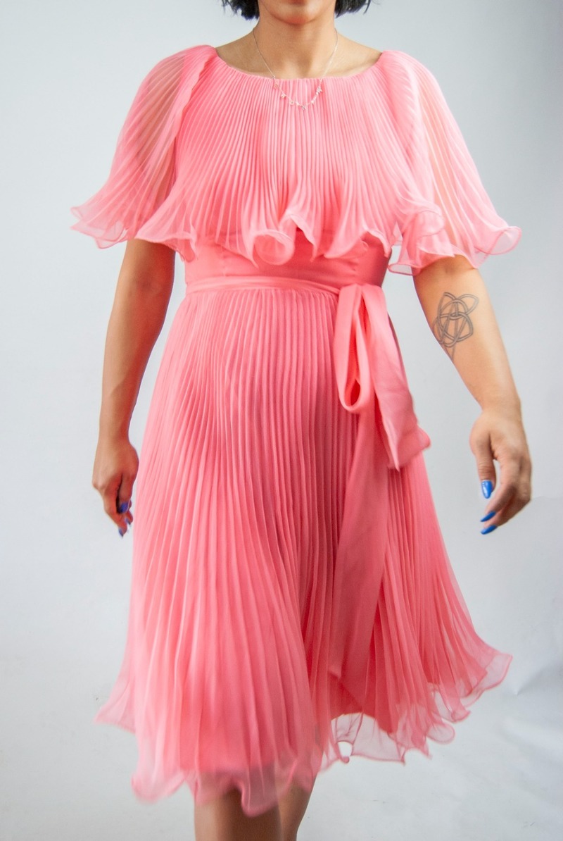 60s/70s flounce chiffon pink cape dress Garmentory