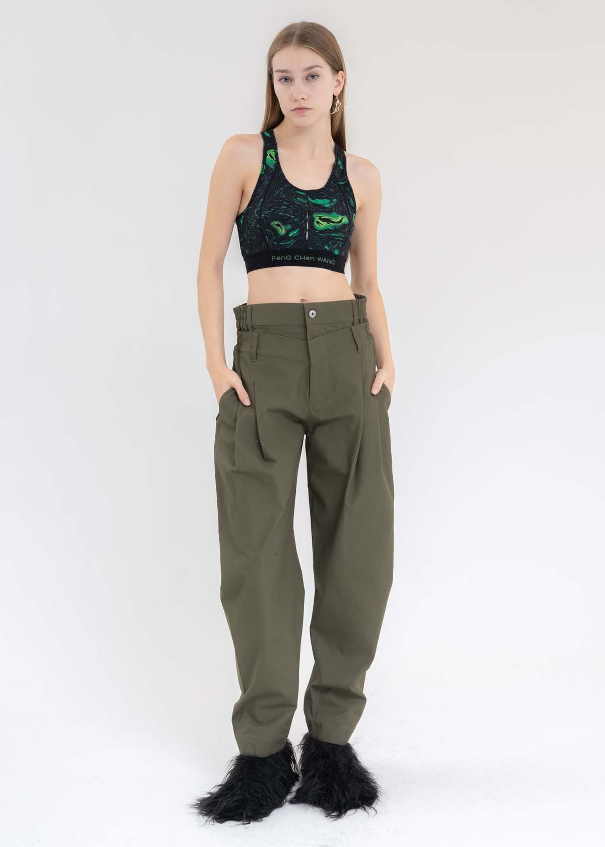 Feng Chen Wang DOUBLE WAISTBAND TROUSERS - Olive Green | Garmentory