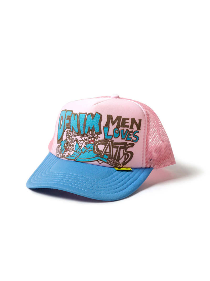 Kapital DENIM MEN LOVE CATS Trucker Cap - Pink/SAX | Garmentory