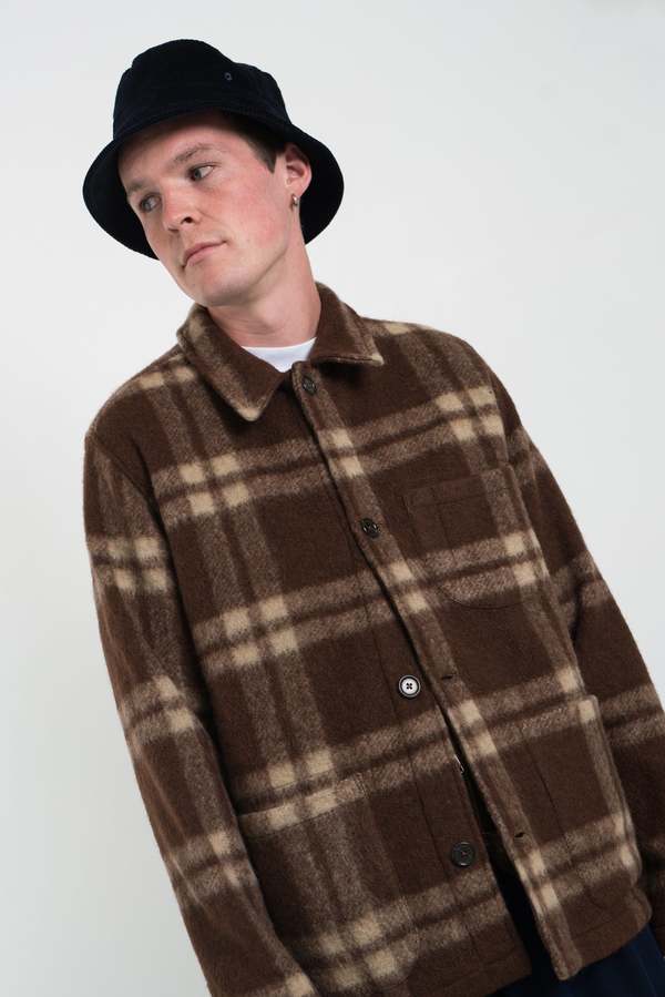Universal Works Check Soft Wool Fleece Field Jacket - Brown
