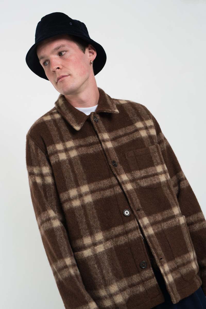Universal Works Check Soft Wool Fleece Field Jacket - Brown