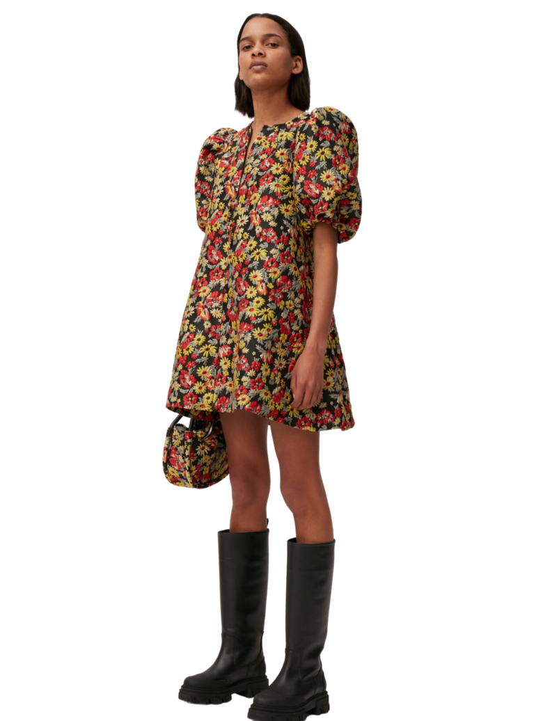 Ganni Jacquard A-Line Zip Mini Dress - Meadow Black | Garmentory Ganni Jacquard A-Line Zip Mini Dress - Meadow Black | Garmentory