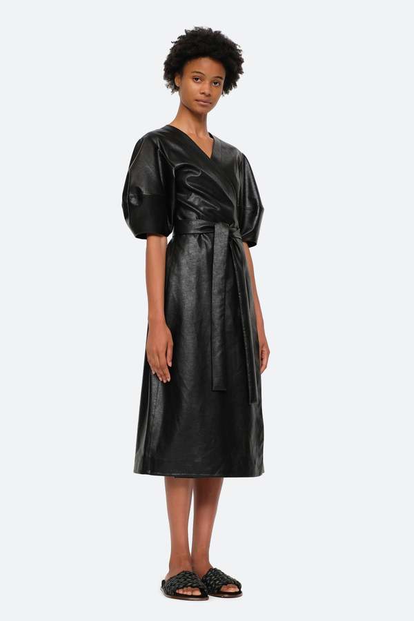 chinese dress ladies Solid Black Summer Wrap Style Mini Leather Dress M / Black main image 1