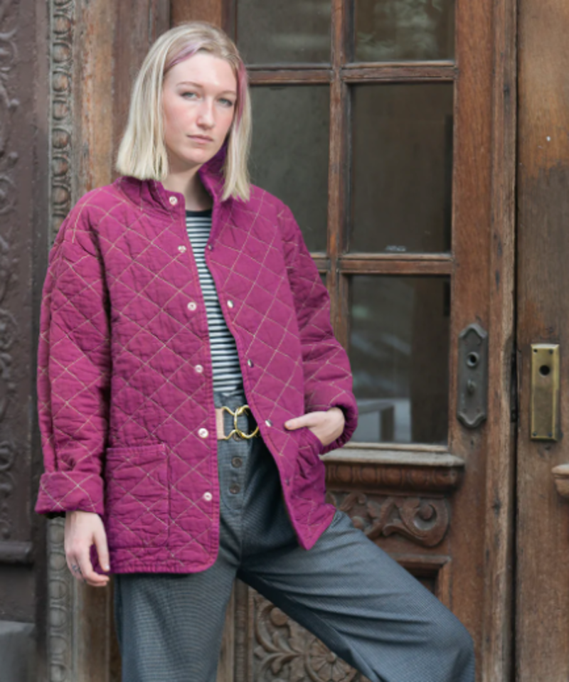 【MODERNIF】Sandy snap quilted jacket Utility Canvas Quilted Snap Unisex Jacket - Fuchsia | Garmentory