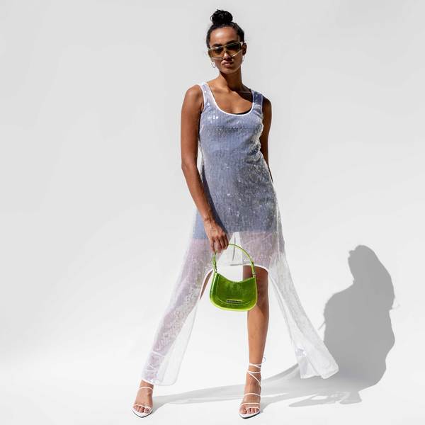 slim fit dress slacks Sheer Grace Strapless Glitter Maxi Dress Powder Blue main image 1