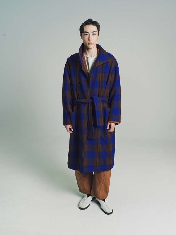Lemaire Virgin Wool Bathrobe Coat - Brown/Electric Blue | Garmentory