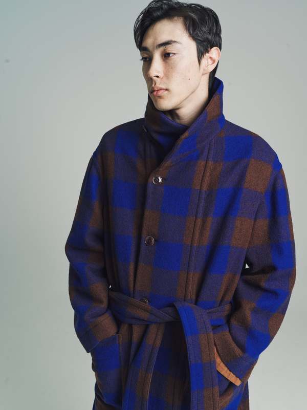 Lemaire Virgin Wool Bathrobe Coat - Brown/Electric Blue | Garmentory