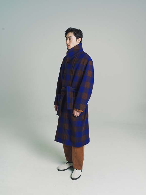 Lemaire Virgin Wool Bathrobe Coat - Brown/Electric Blue | Garmentory