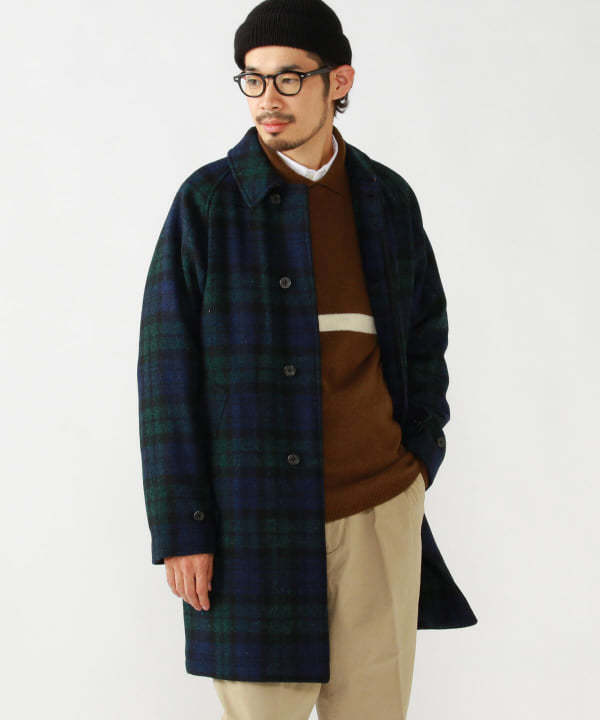 Beams Plus Bal Collar Coat Harris Tweed - BLACK WATCH | Garmentory