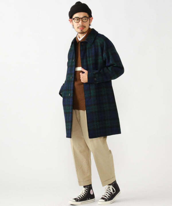 Beams Plus Bal Collar Coat Harris Tweed - BLACK WATCH | Garmentory