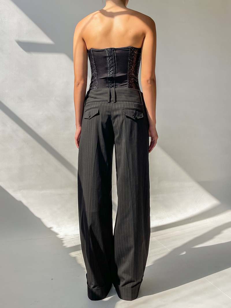 Pinstripe Linen Wide Leg Trouser