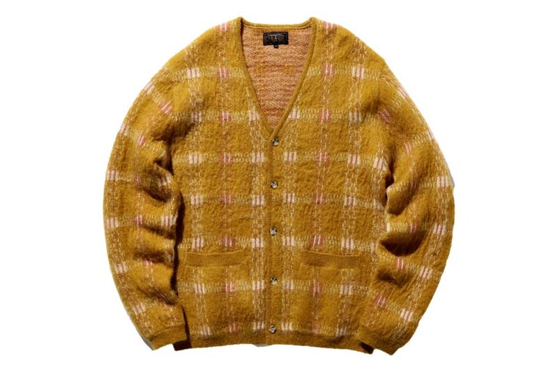 Beams Plus Check Pattern Jacquard Mohair Cardigan - Mustard