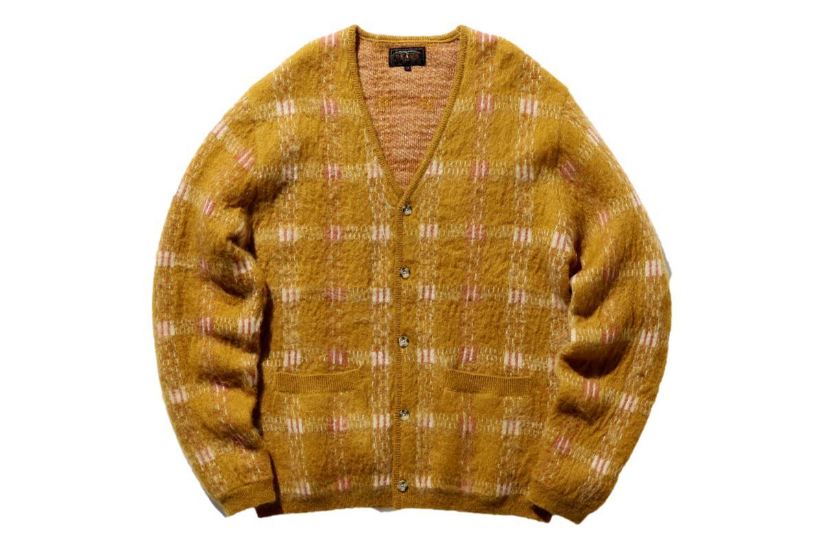 Beams Plus Check Pattern Jacquard Mohair Cardigan - Mustard