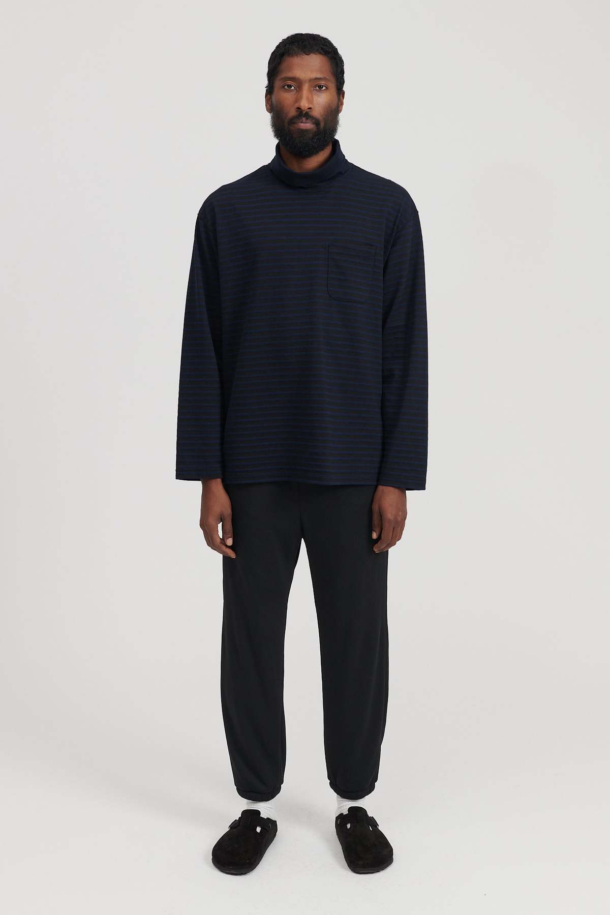 Engineered Garments PC Stripe Jersey High Mock Shirt - Black/Navy