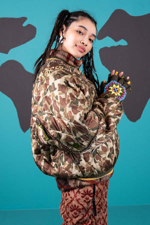 Kapital Rayon Satin Quilting Camo Sham Bomber Jacket - Khaki  