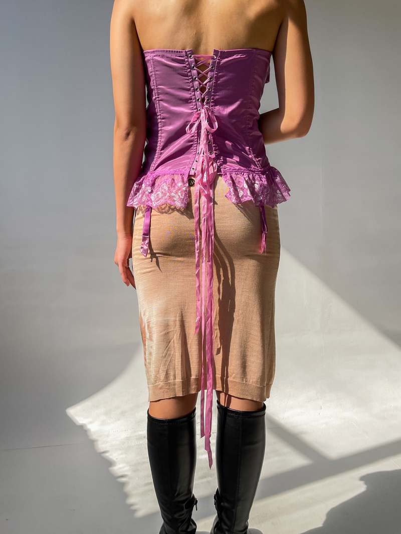 Satin Lace Up Bodice Top - Pink