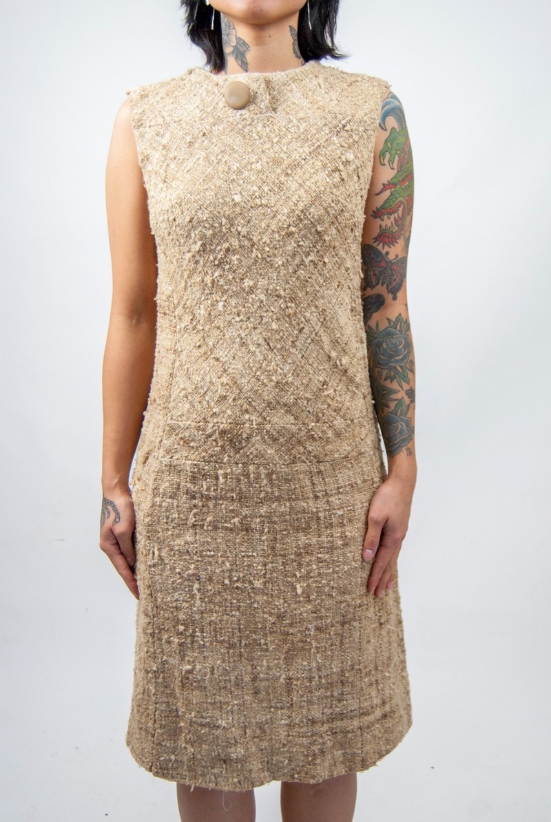60s beige burlap jute shift dress | Garmentory