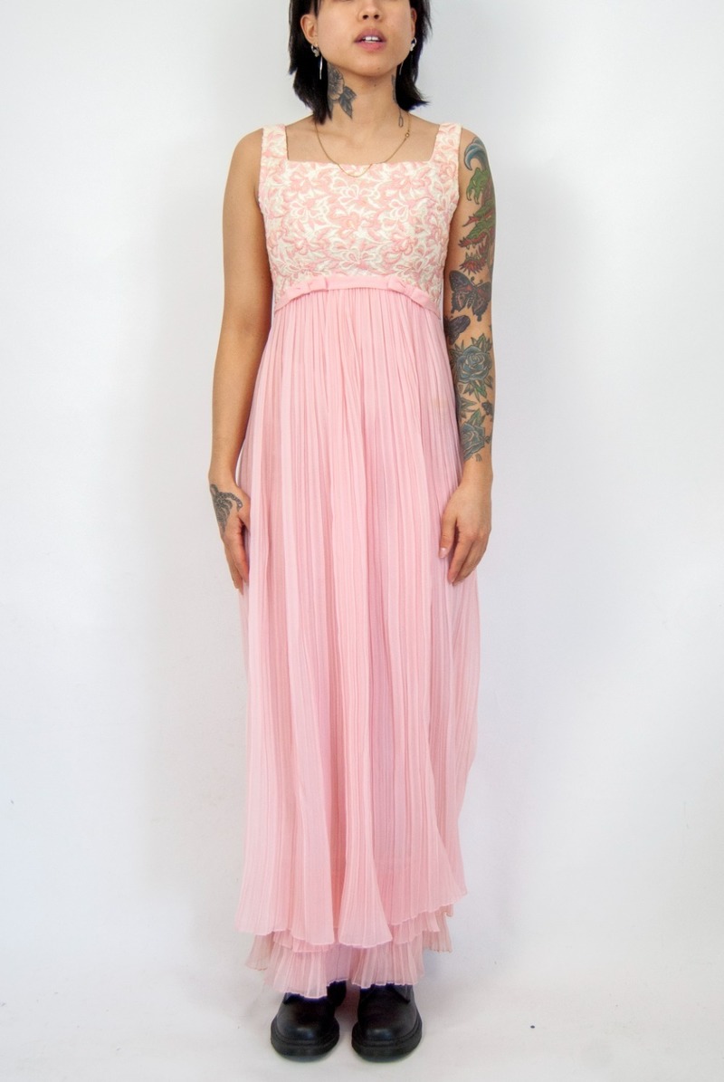 70s pink floral chiffon empire dress