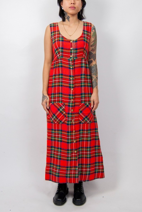 70s red plaid sleeveless maxi dress