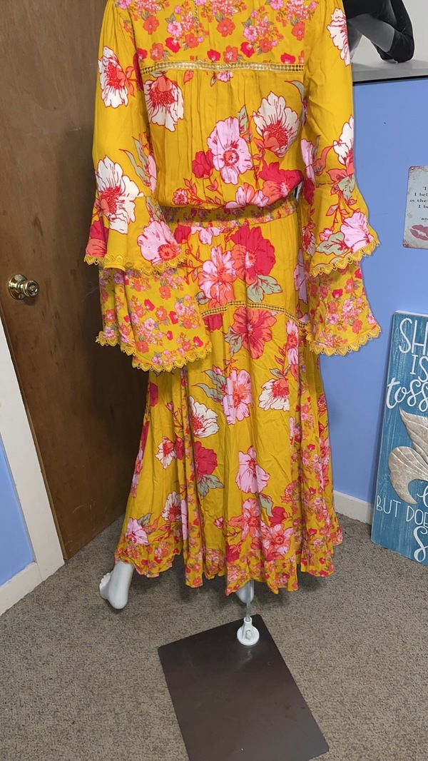 chinese dress ladies Free People Organza Mustard With Floral Long Sleeve Front Buttons Details  Maxi Dress (Size M)