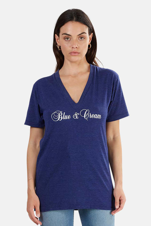 Blue&Cream Script V-Neck Tee - Navy