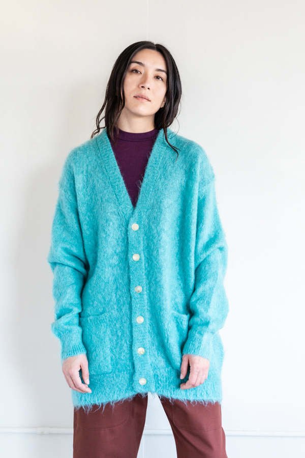 トップス BRUSHED SUPER KID MOHAIR KNIT CARDIGAN Auralee BRUSHED SUPER KID MOHAIR LONG CARDIGAN - BLUE | Garmentory
