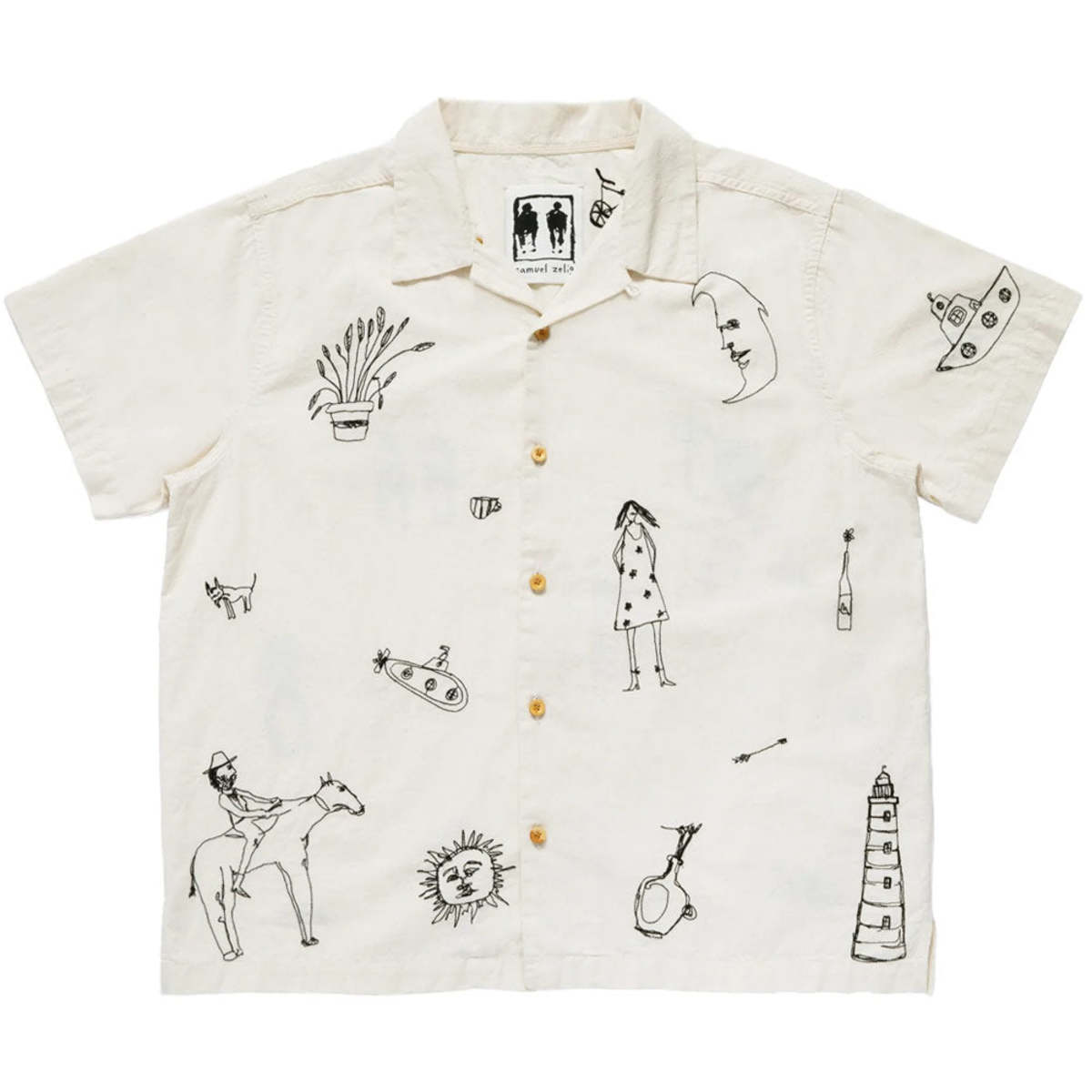 SAMUEL ZELIG Embroidered Camp Shirt Natural/Embroidered Black Artwork