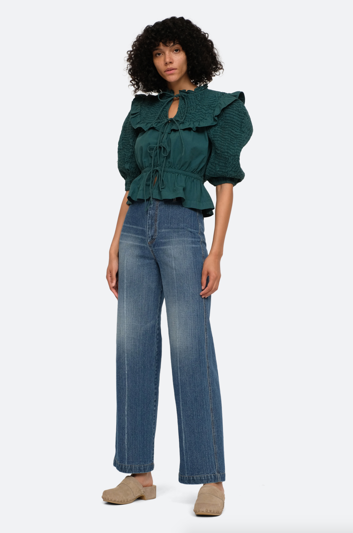 Sea Ny Casey Hand Smocked Tie Front Top - Emerald | Garmentory