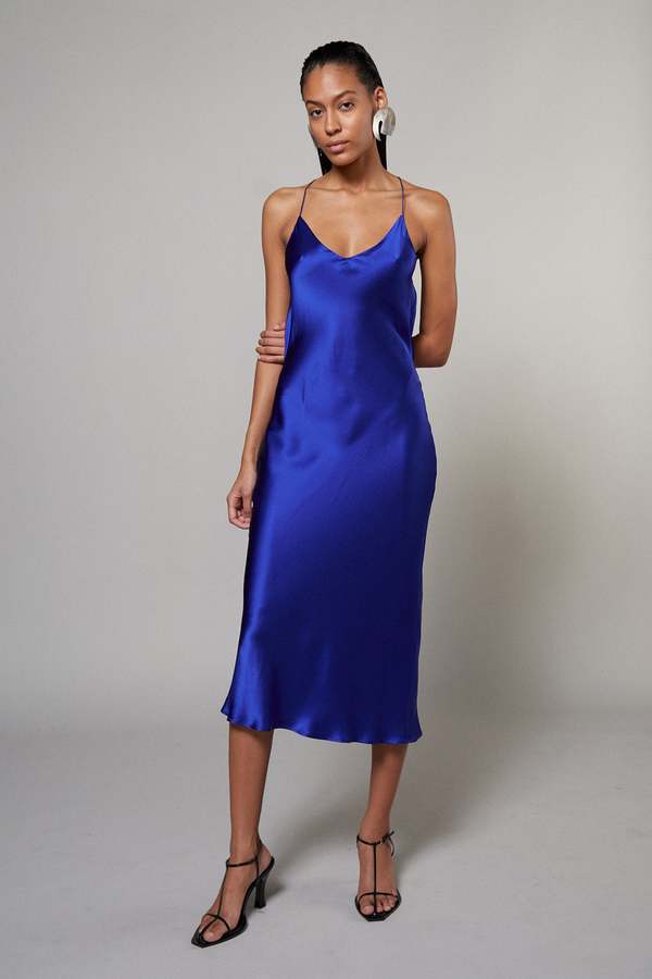 azure blue silk dress Bias Cut Stretch Satin Scarf Halter Gown In Azure Blue