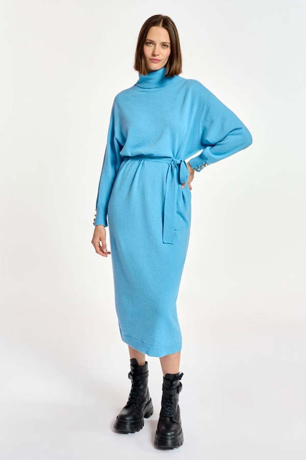 essentiel antwerp blue dress Essentiel Antwerp Ediamond Satin Cape Dress in Blue Regatta