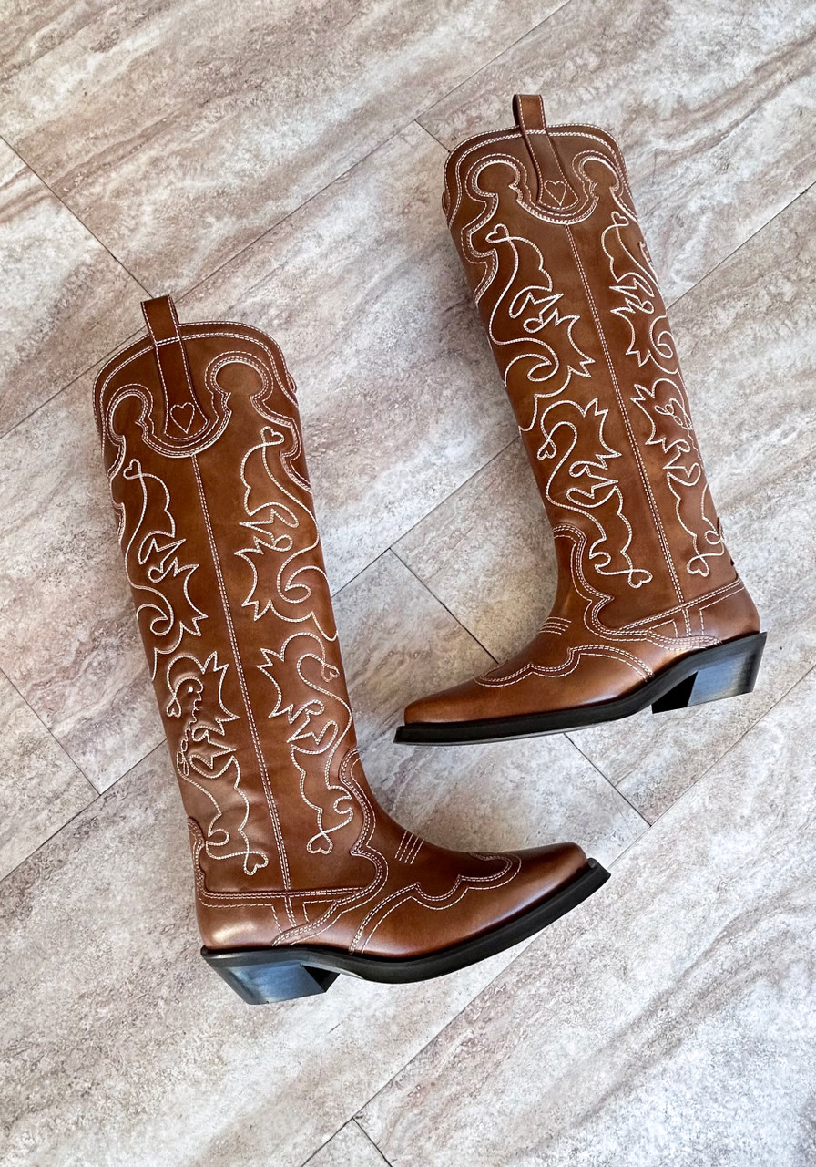 GANNI☆Embroidered Leather Western Boots ブーツ【UK発】 Black/Dark Burgundy Dark Burgundy Mid Shaft Embroidered