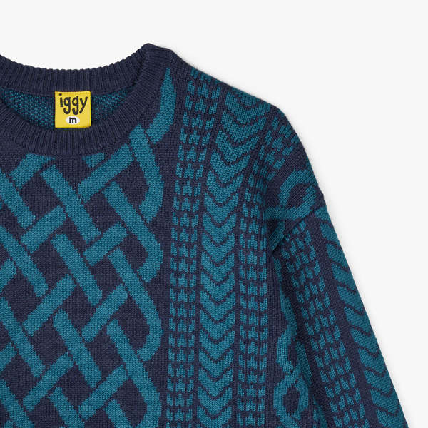 トップス IggyNYC DrawnCable Knit JacquardSweater Iggy NYC Cable Knit Sweater - Navy | Garmentory