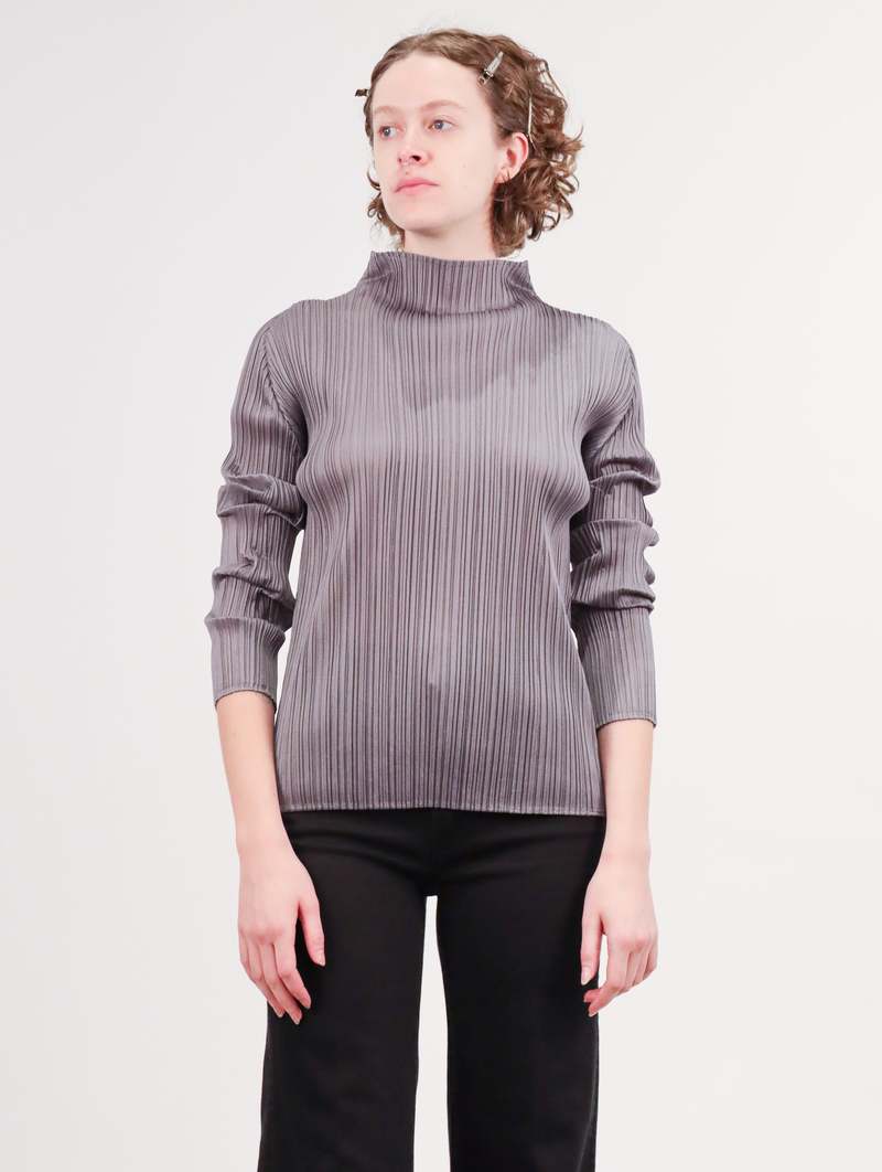 極美品 PLEATS PLEASE BASICS トップス Pleats Please Issey Miyake Long Sleeve Basics Mockneck Top - Grey