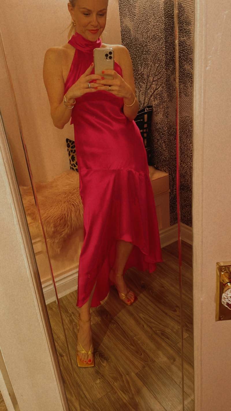 FRAME Denim Draped Neck Tie Halter Dress - Magenta