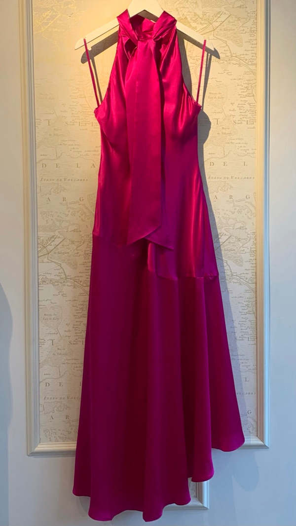 frame draped neck tie halter dress Denim Fashion Illustration
