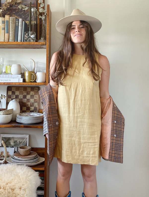 chinese dress ladies Butter Yellow Linen Mini Dress