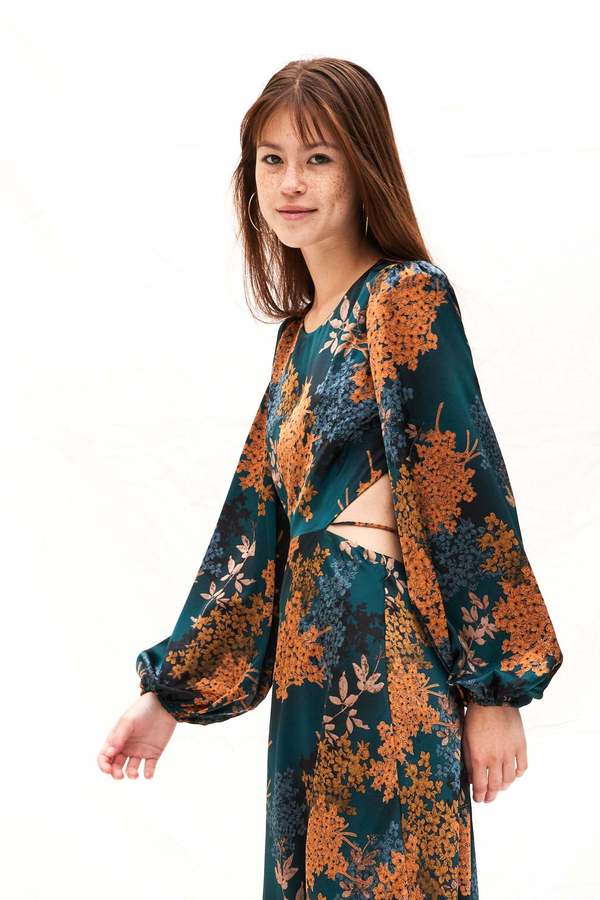 rust and green dress RUST OLIVE SATIN LACE BACK GOWN main image 0