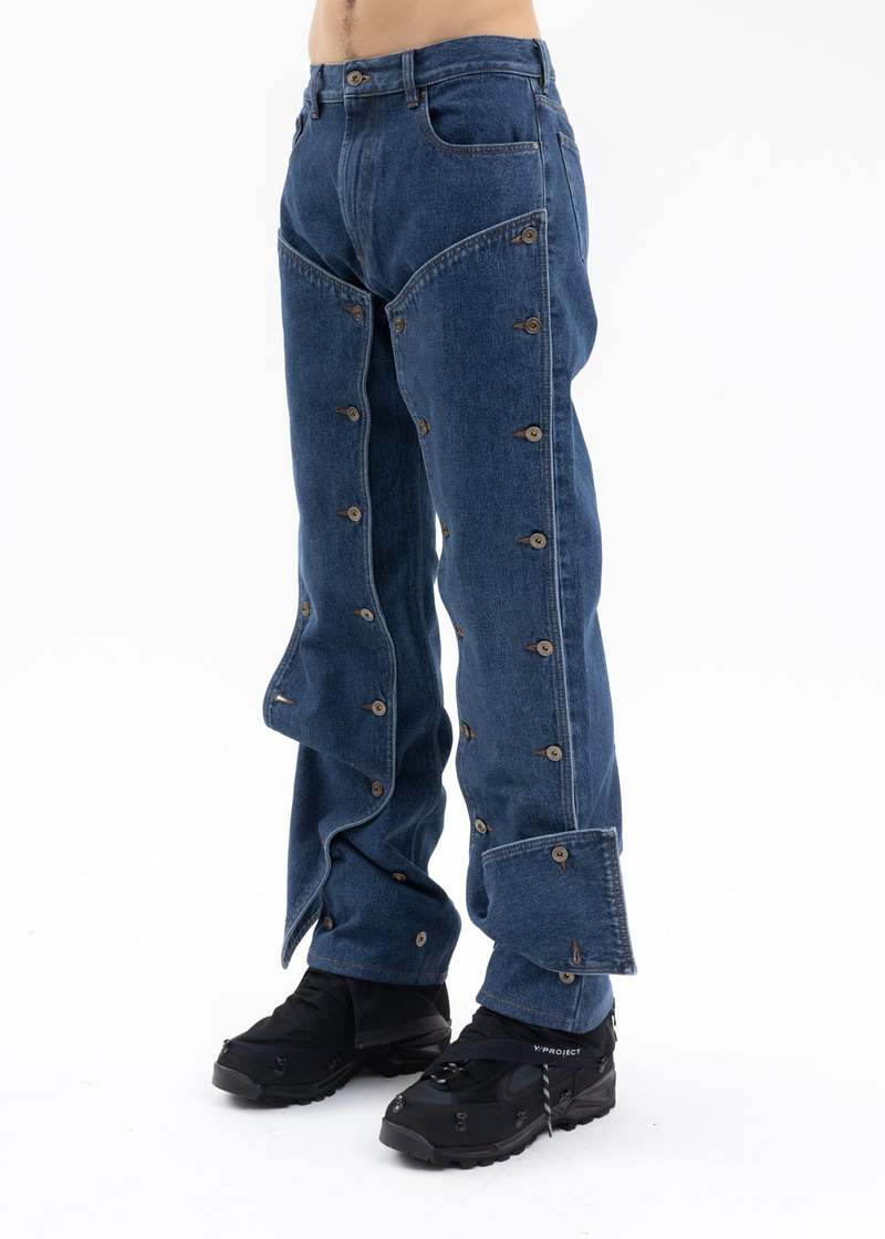 Y/project CLASSIC BUTTON PANEL JEANS - NAVY | Garmentory 