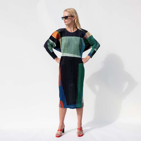 Pleats Please by Issey Miyake Mixing Long Sleeved Graphic Dress - Multi |  Garmentory