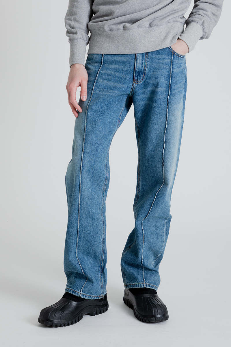 【Anyone more】Cudi Pin Tuck Wide Denim Pants Uniform Bridge Pin Tuck Wide Denim Pants - Indigo Washed