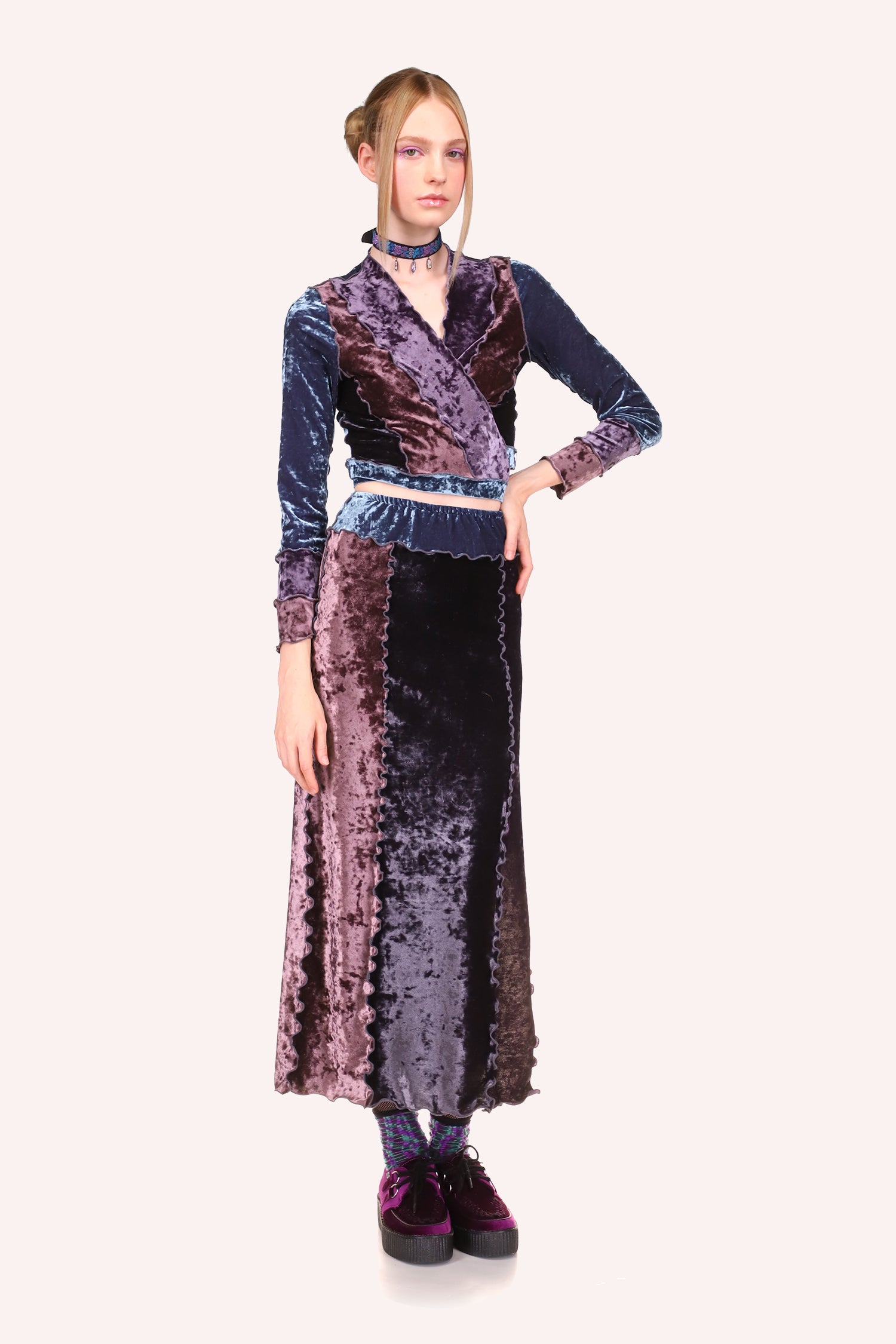 Anna Sui Color Block Stretch Velvet Wrap Top Slate Blue Multi