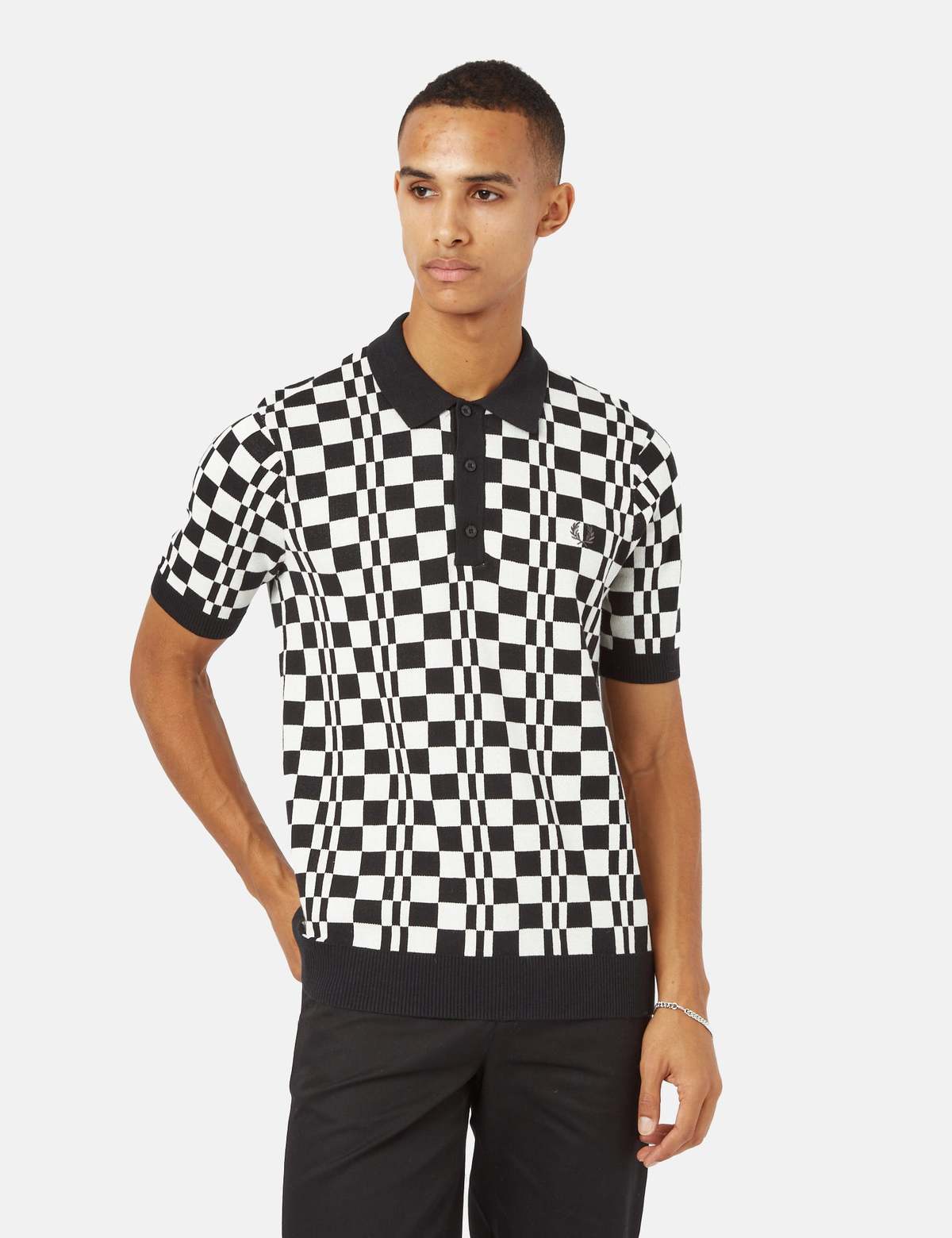 Fred Perry Chequerboard Knitted Shirt - Black/Ecru | Garmentory