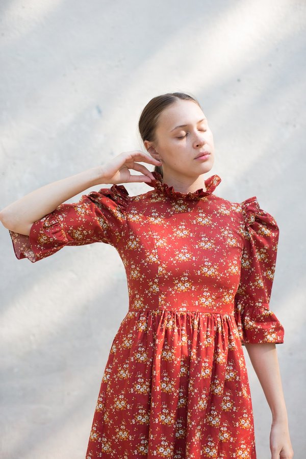 BATSHEVA Spring Prairie Dress in Brick Red | Garmentory