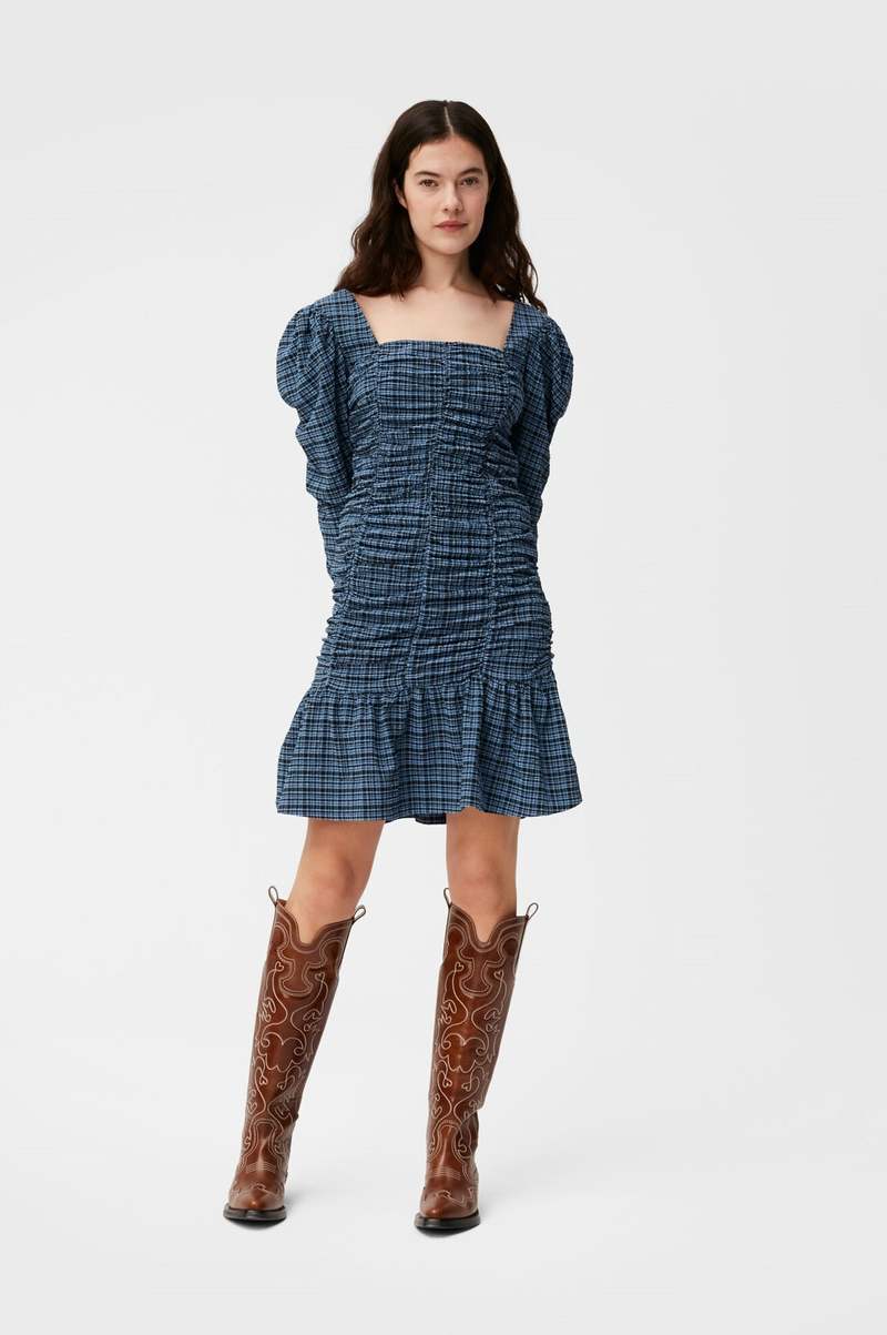 Ganni Stretch Seersucker Gathered Mini Dress - Mini Check