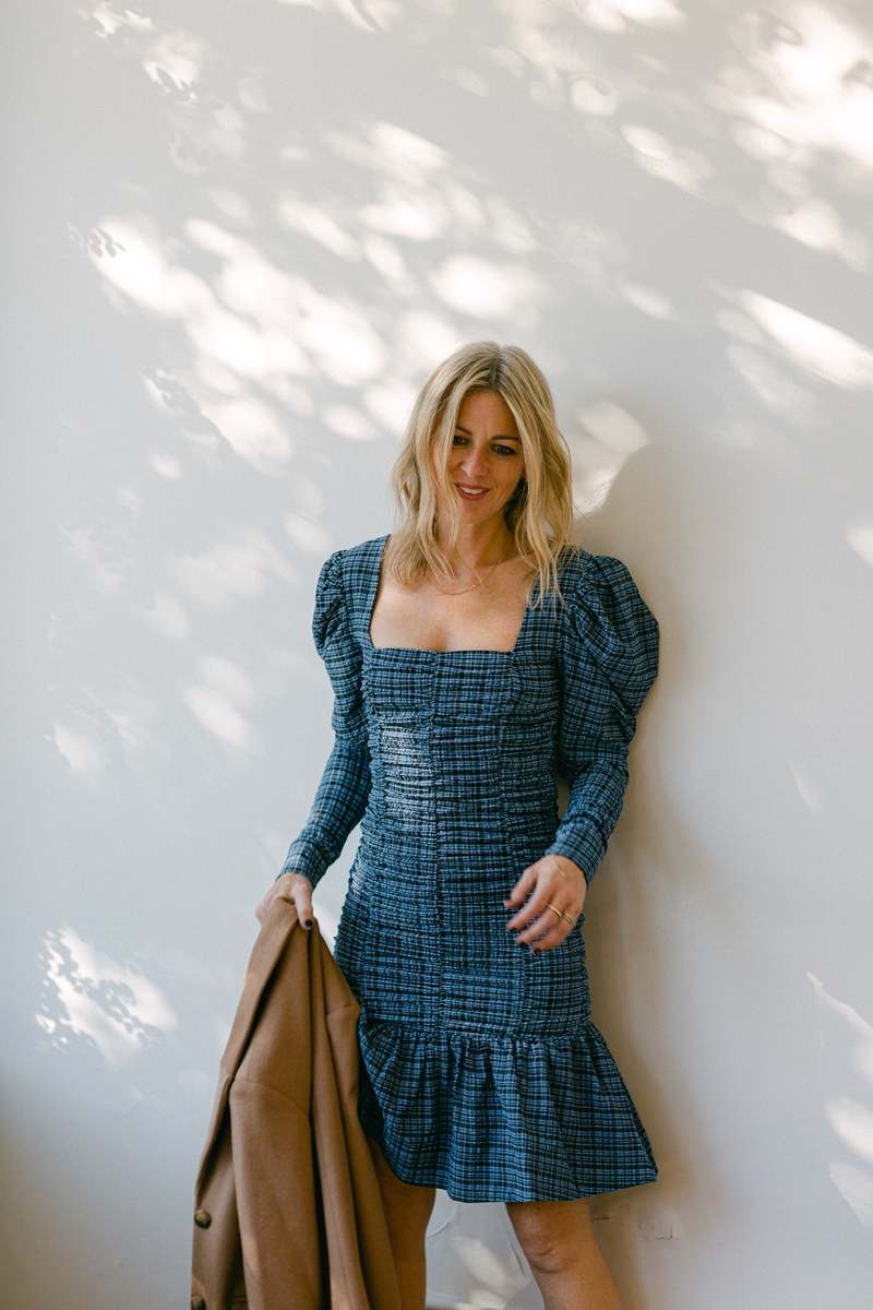 Ganni Stretch Seersucker Gathered Mini Dress - Mini Check