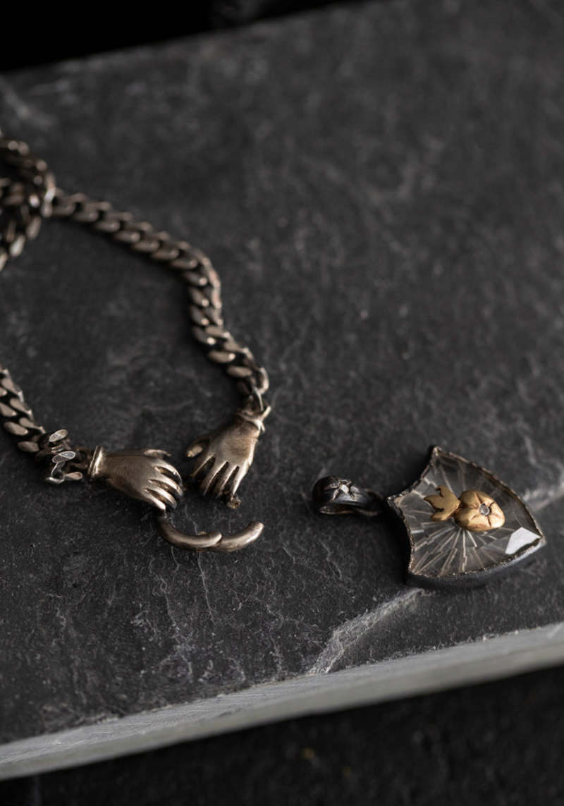 Acanthus Oxidized Dual Hands Charm Holder Necklace Sterling