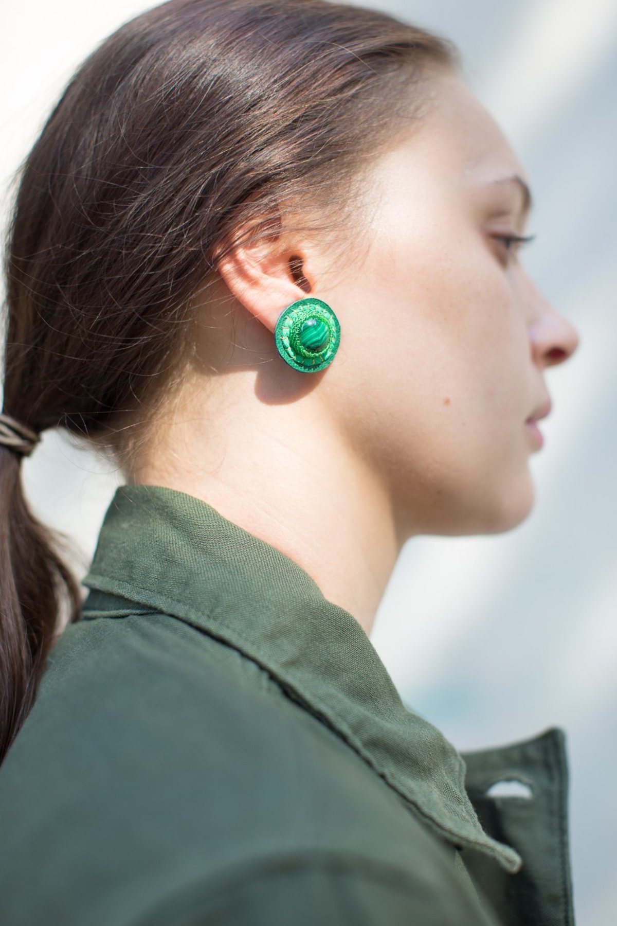 Robin Mollicone Button Earrings -  Green Malachite - Image 1 of 3